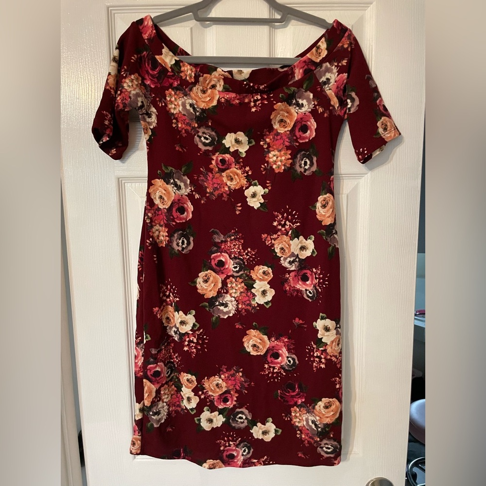 Maternity French Grey Burgundy Floral Mini Dress